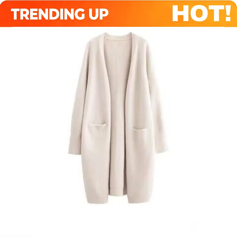 Customization Women Solid Color Loose Thick Warm Sweater Cardigan Pocket Ladies Spring Autumn V Neck Long Knitted Coat Female Ca