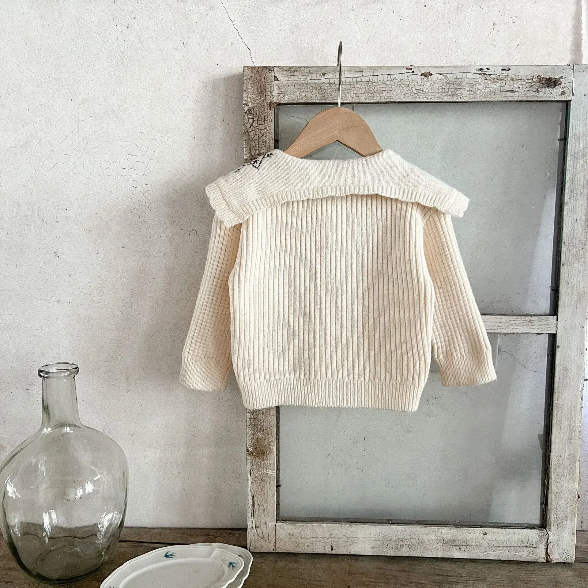 4997C Girl's Clothes Knitted Sweater Coat 2023 Spring Autumn New Baby Doll Collar Cardigan Cute Big Lapel Sweater Tops