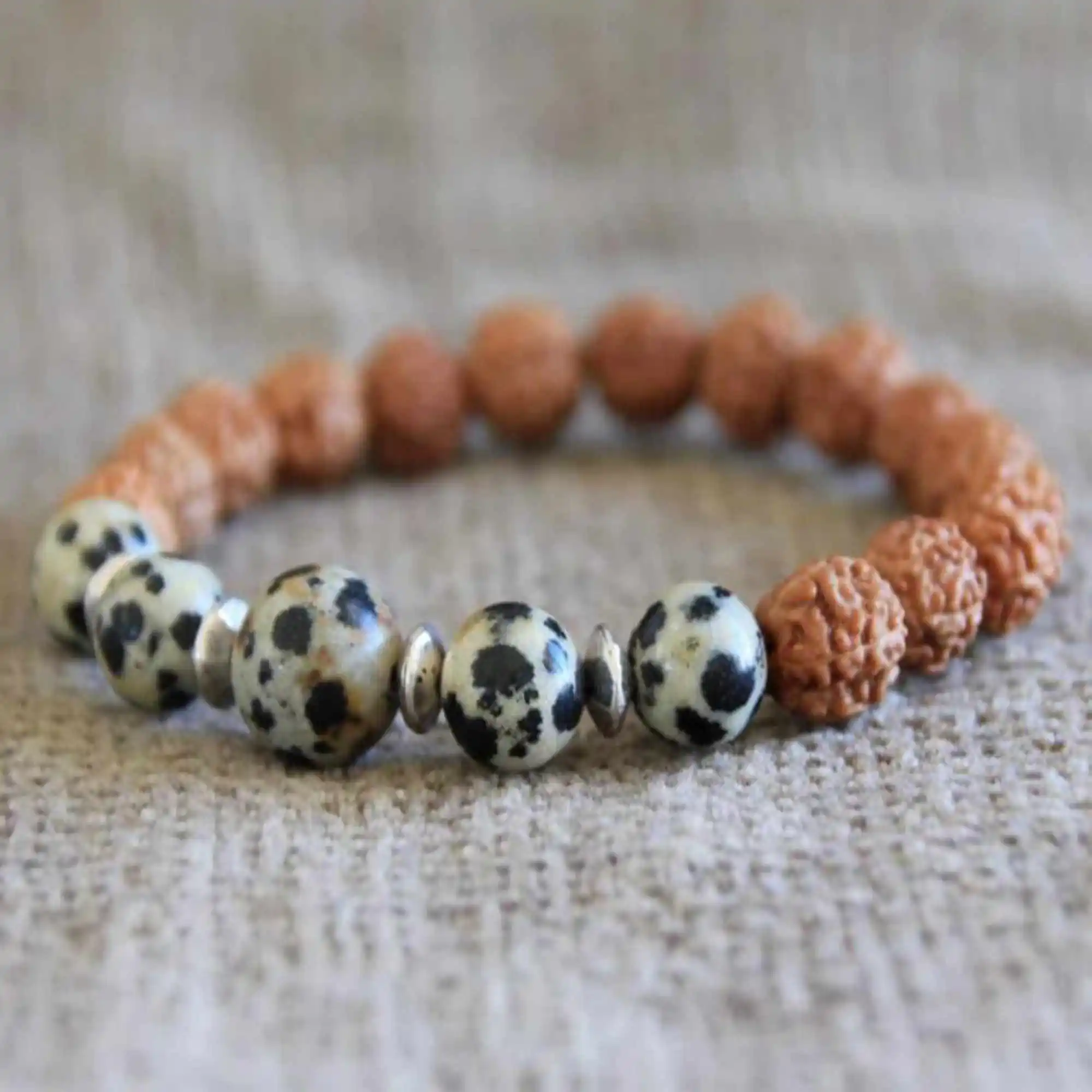 8mm Natural Dalmatian stone Rudraksha beads Bracelet Blessing Jasper Seven Chakras Inspiration Spirituality Calming Chakra Cuff