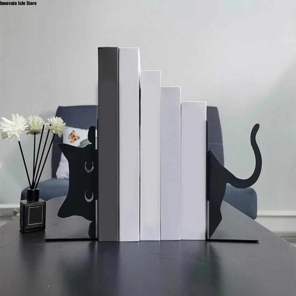 Cute Whimsical Cat Design Metal Bookends Rounded Edges Cartoon Book Holders Decorative Black Cat Bookends Office