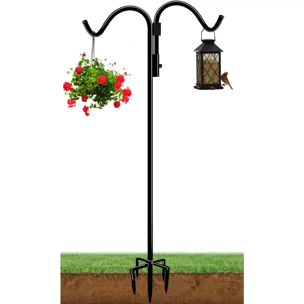 

92 Inch Double Shepherds Hook for Outdoor with 5 Prong Base, Adjustable Heavy Duty Bird Feeder Pole for Hanging Flower Basket, P