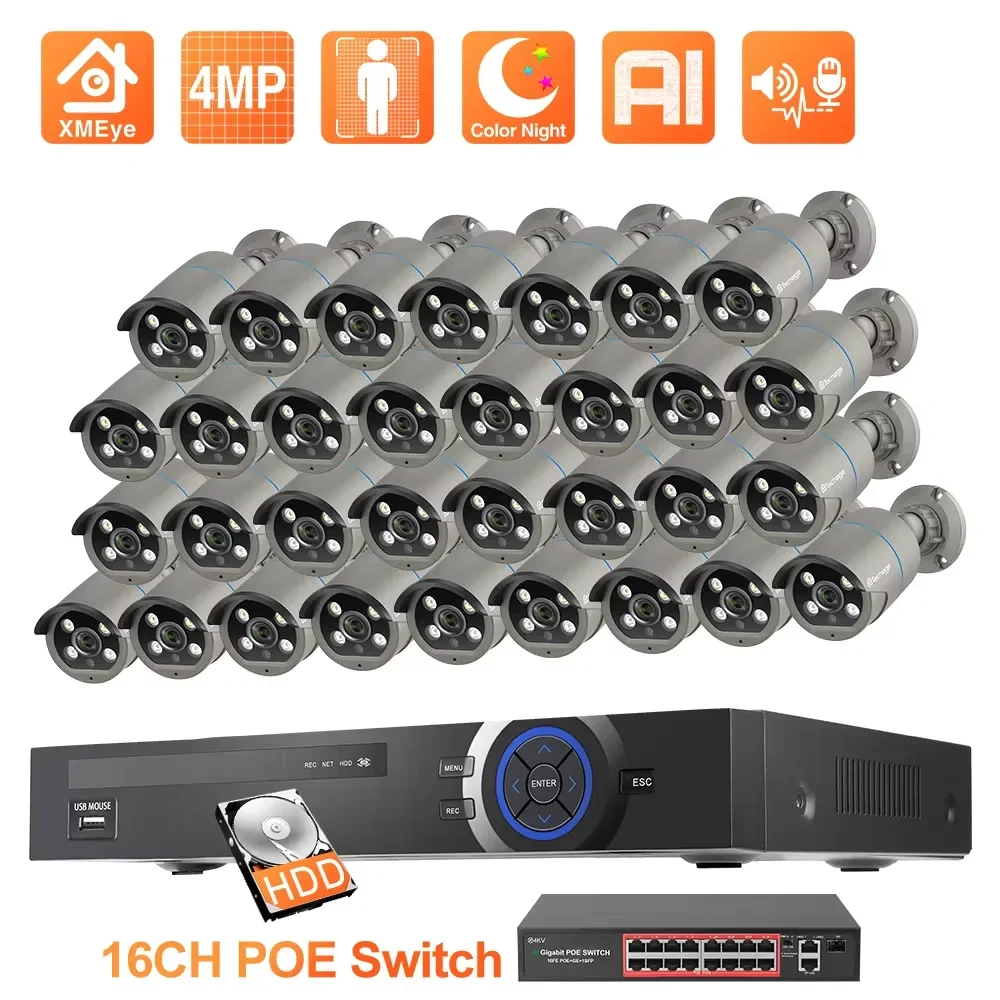 Techage 36CH 4MP POE Camera System Smart AI Human Face Detection Two-way Audio Colorful Night Vision CCTV Video Surveillance Set
