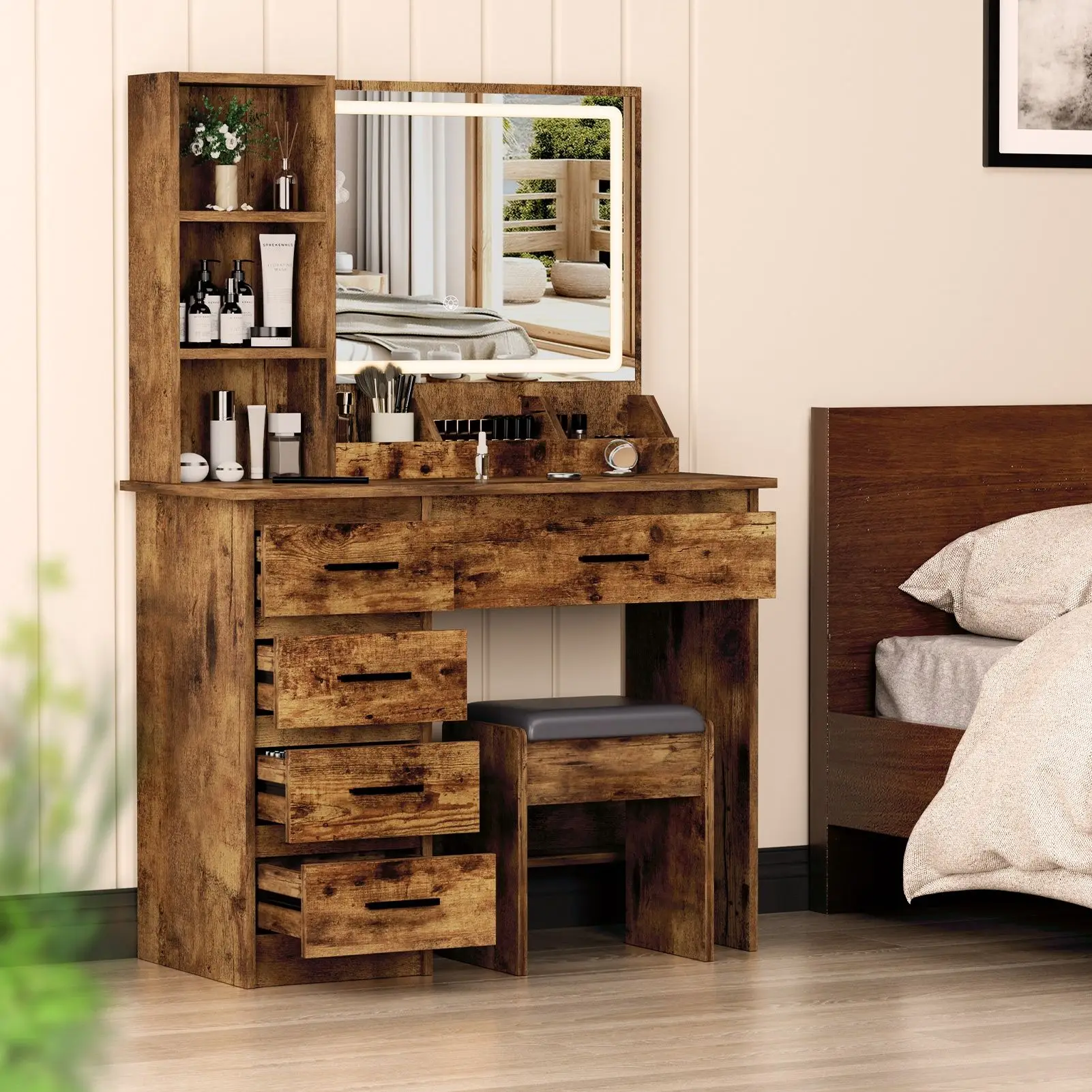 @#Modern Nordic Mirrored Vanity Dresser Set with LED Light Mirror - Stylish Bedroom Makeup Dressing Table with Storage Drawers