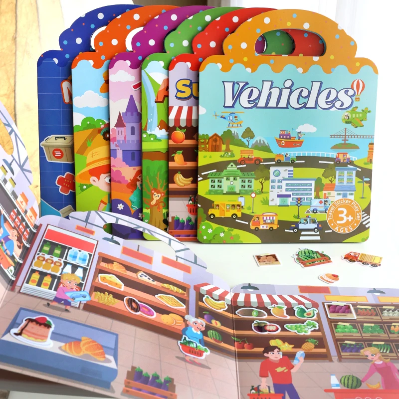 Livre d'autocollants en gelée pour enfants, bricolage, divertissement silencieux avec autocollants de scène, livre de puzzle réutilisable à coller, activité éducative pour enfants
