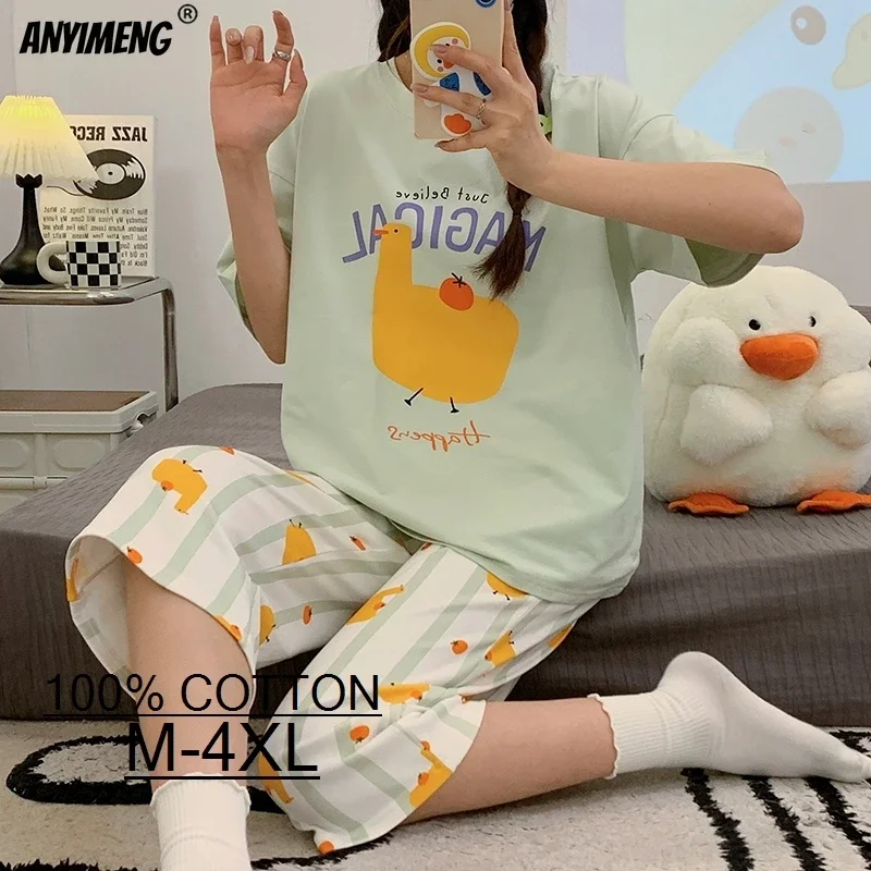 100% Cotton M-4XL Women Pajamas Set Summer Sleepwear Short Sleeve Knee-length Pants Nightwear Capris Loungewear Cartoon Pijama