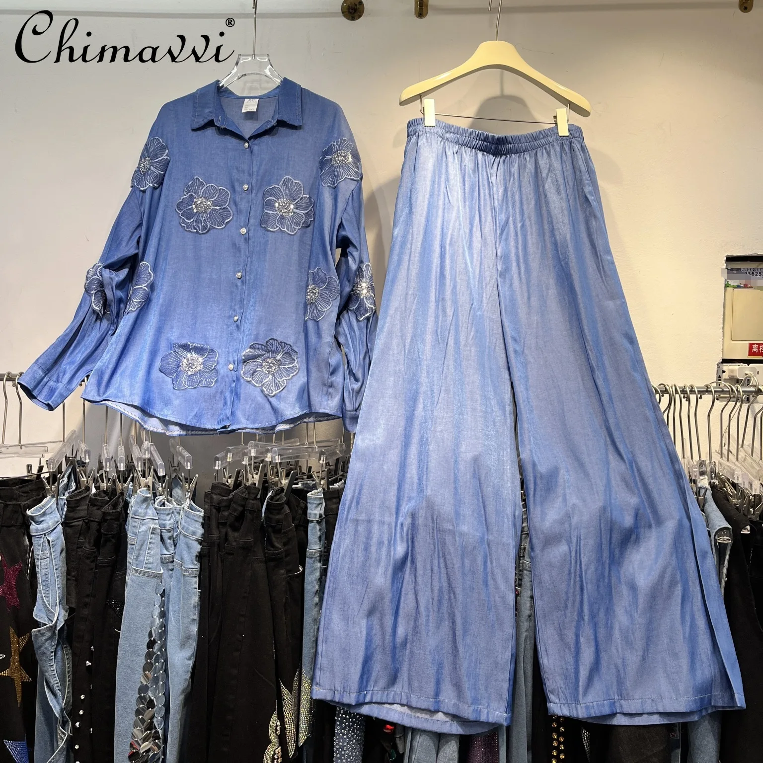 

Retro Blue Flower Embroidered Shirt Top Fashion Shirt Jacket + Elastic Waist Denim Wide-leg Pants Two-piece Women's Outfits