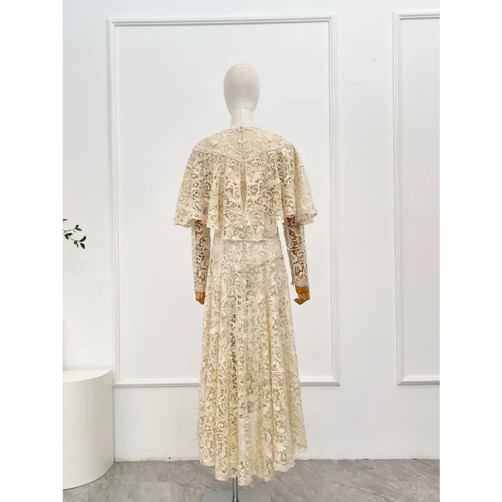 Cream Beige Lace Patchwork Long Sleeve Deep V Neck Midi Dress Top Quality As Picutre