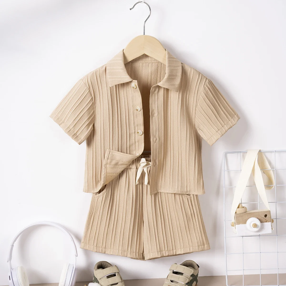 Summer Kids Clothes Two Piece Set Of Solid Color Collar Short Sleeved Shirt And Shorts  Fashionable Casual Boys And Girls Suit