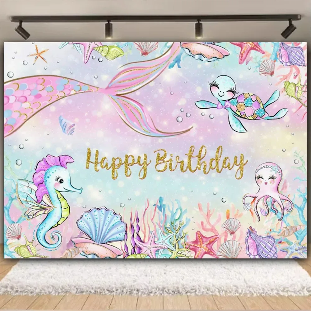Ocean World Castle Underwater Mermaid Theme Banner Background, Children's Birthday Party Decoration Photography Studio Backdrop