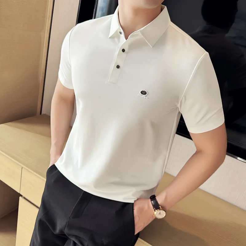 High Elastic Waffle Seamless Polo Shirts Men Summer Slim Fit Short Sleeve Polo Shirt Men's Embroidered Casual Business T-shirt