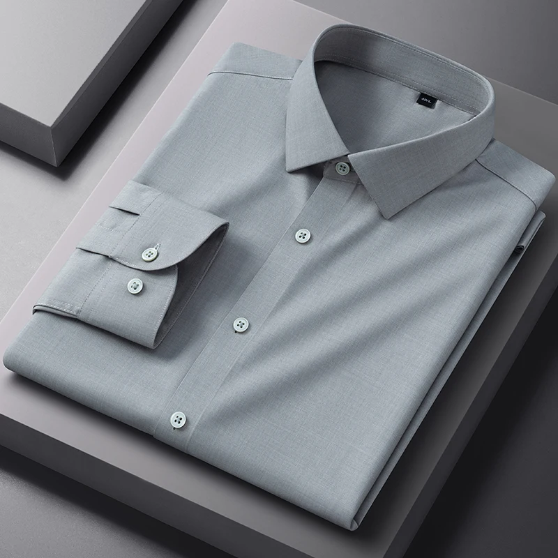 New in shirts Modal elastic long sleeve shirts for men slim fit formal shirt soft office Solid color Anti-wrinkle black clothes