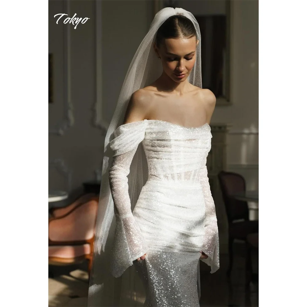 

Tokyo Customized White Off the Shoulder Wedding Dress Long Sleeve Back Zip Bridal Gowns Sexy Mermaid Court Train Wedding Gowns