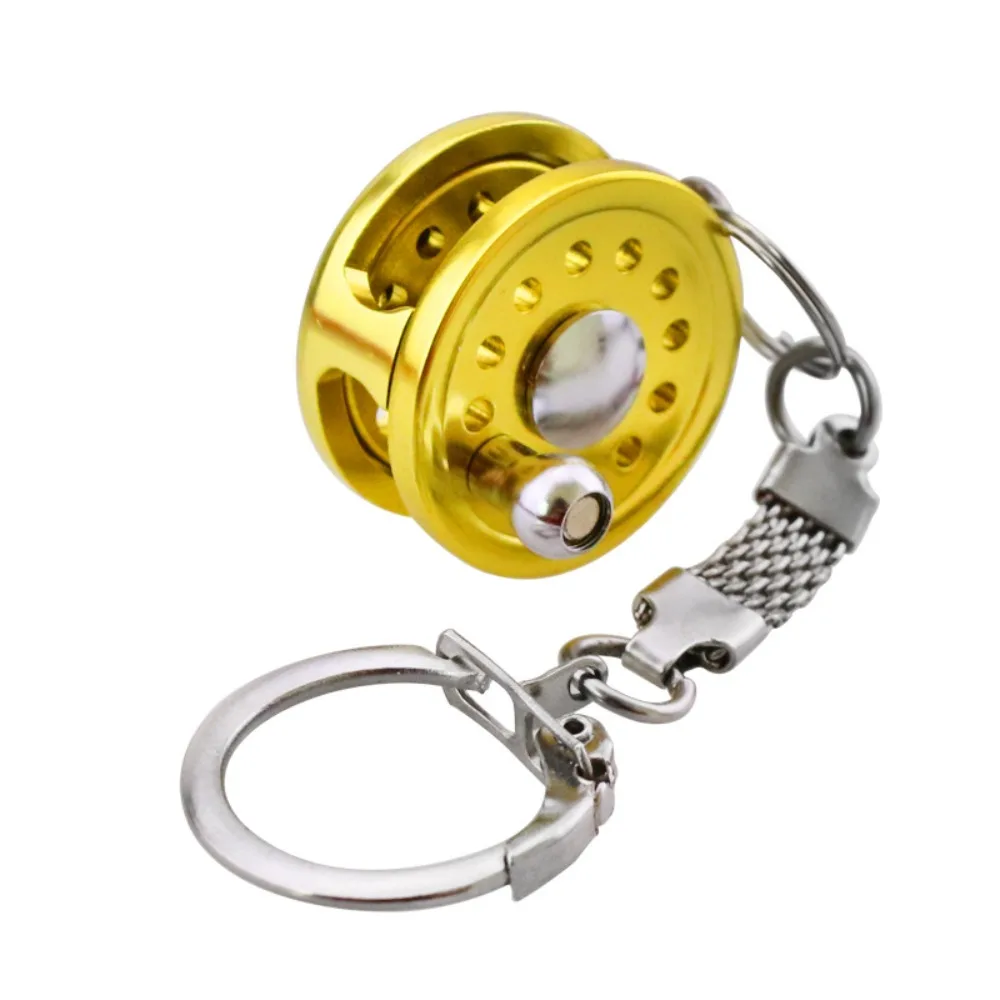 Golden Silver Fish Wheel Keychain Hanging Oranment Bag Decoration Fly Reel Keyring Miniature Metal Spinning Reel Pendant