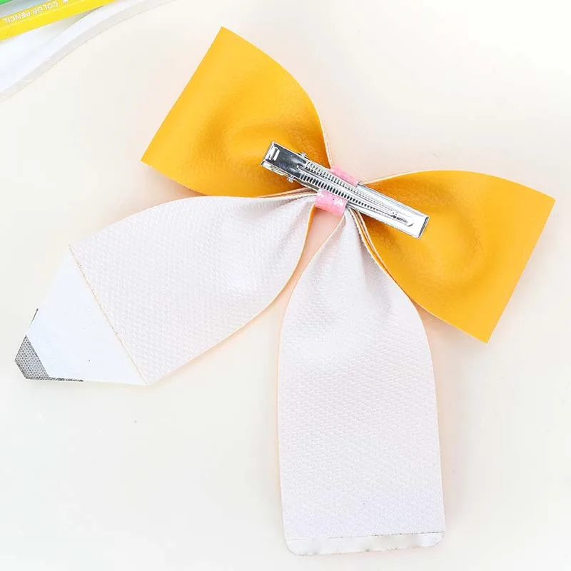 ncmama Back To School Yellow Leather Pencil Hair Clip for Women Sweet Girls Solid Bow Hairpin Party Headwear Hair Accessories