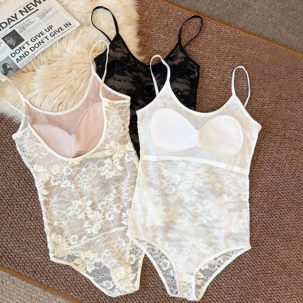 Slim Fit Lace Bodysuit Hollow Lace Transparent Lace Corset Bodysuit U Neck Sleeveless Backless Bodysuit Summer Streetwear view 5