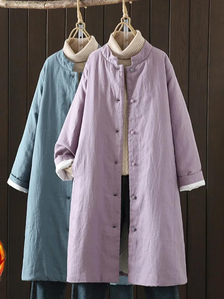 

Китайский хлопковый джет, женская осенне-зимняя однотонная хлопково-льняная одежда с воротником-стойкой, хлопковая одежда средней длины...