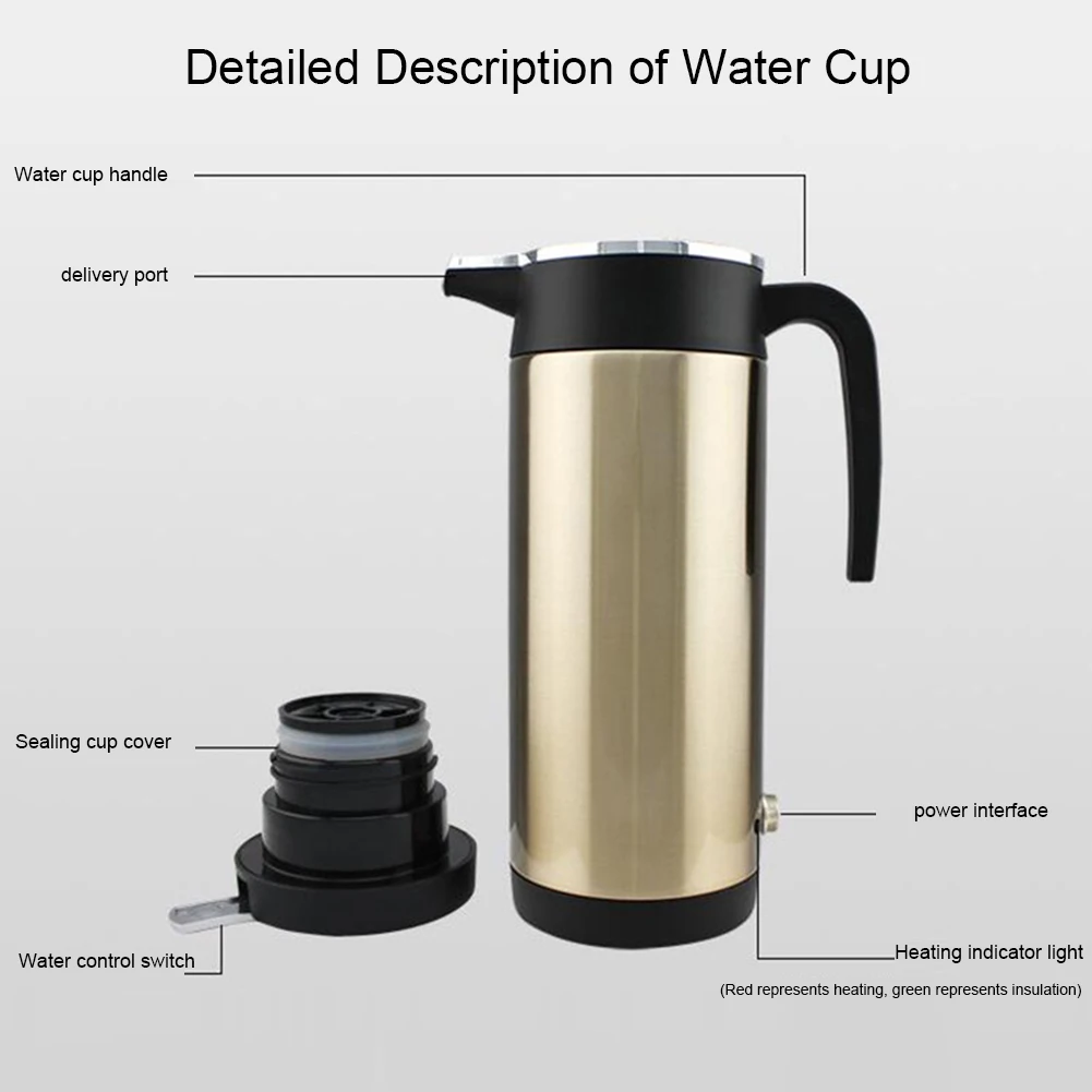 1200 ML Car Hot Kettle Car Truck Water Heater Large Capacity 12/24 V Travel Electric Kettle Auto Shut Off Stainless Steel Kettle