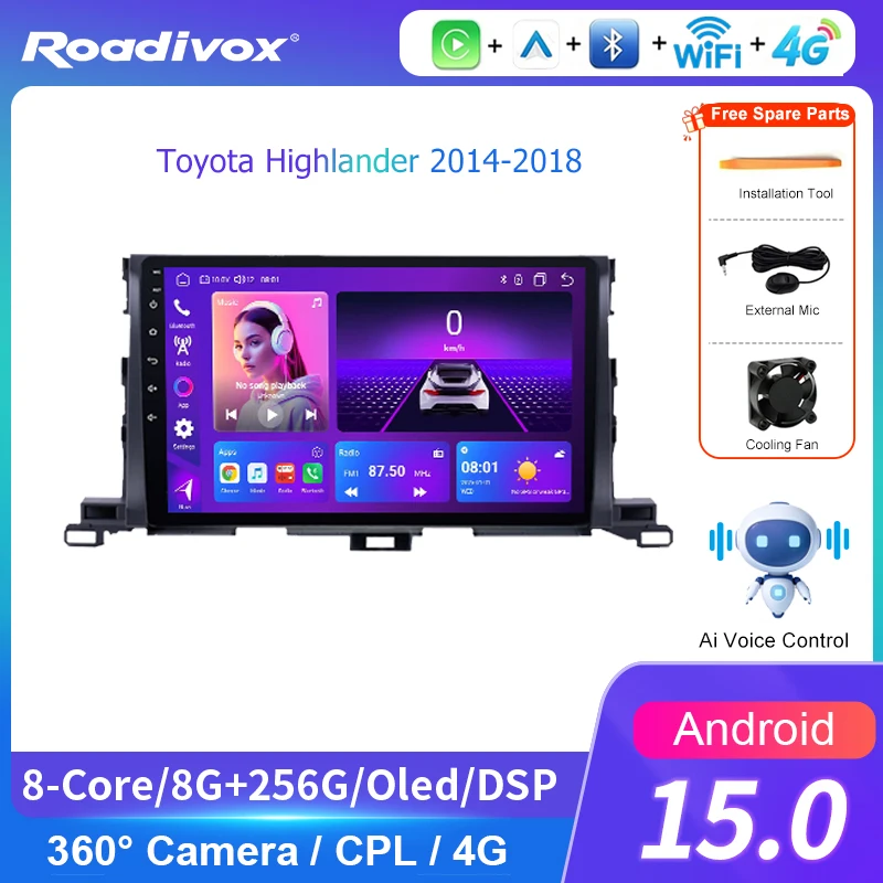 AI VOICE roadivox Android car radio for Toyota Highlander 2014 2018 stereo GPS Navigation video Multimedia Player tape recorder