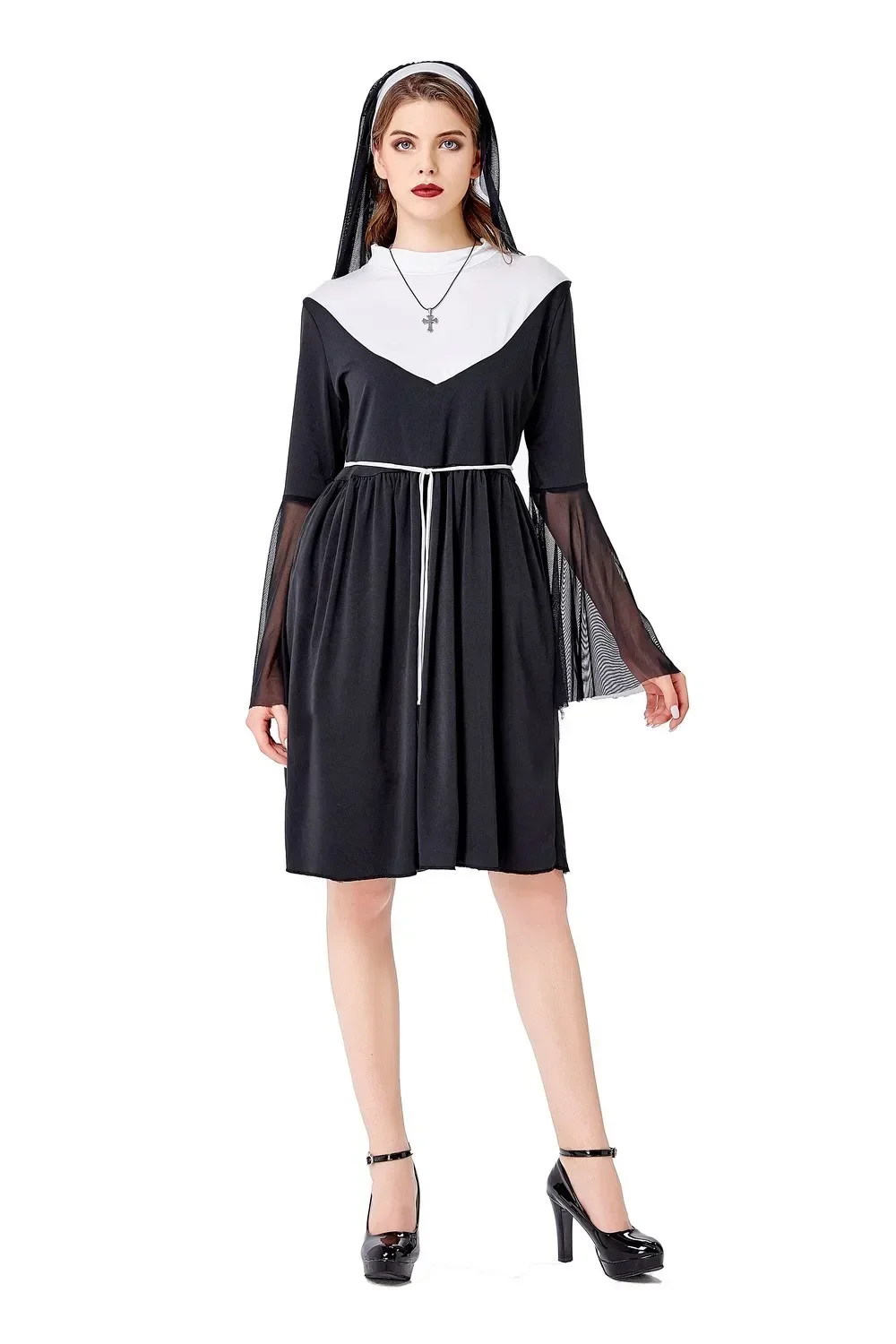 Disfraz de monja sexy para mujer, vestido de Halloween con capucha negra, talla adulta, talla única