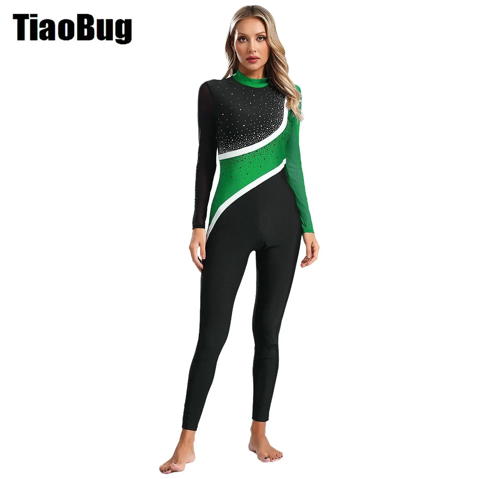 Womens Gymnastics Leotard Color Block Shiny Rhinestones Full Body Leotard Sheer Mesh Long Sleeve Figure Skating Bodysuit