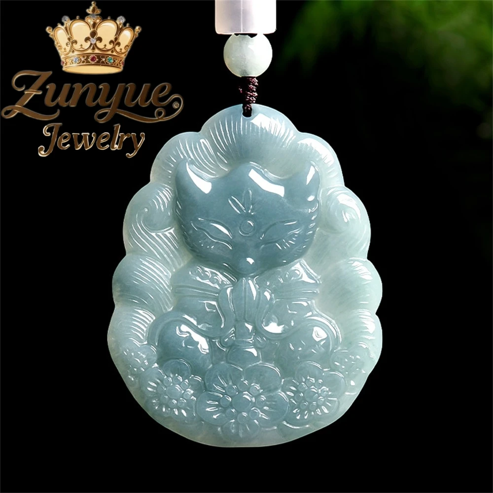 

Genuine Natural A-Grade Blue Water Fox Spirit Nine-Tailed Fox Pendant Soft Exquisite Jade Pendant Flower Piece Women's Style