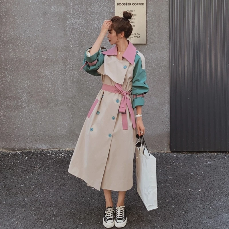 2024 Spring Fall Korean Patchwork Color Women Mid-length Trench Coat With Belt Double-Breasted Lady Windbreaker Female Outerwear