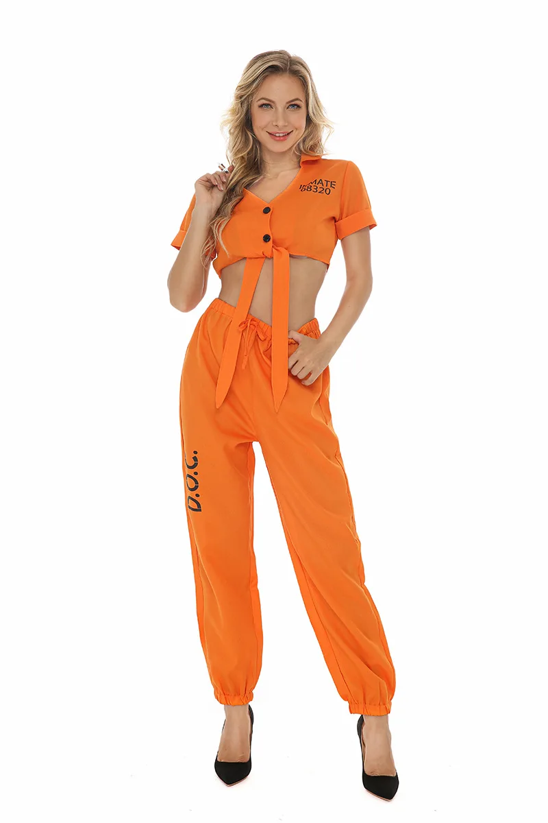 Disfraz de prisionero naranja para mujer, traje de prisión, Top, pantalones, esposas, uniforme, ropa de Cosplay para fiesta de Halloween