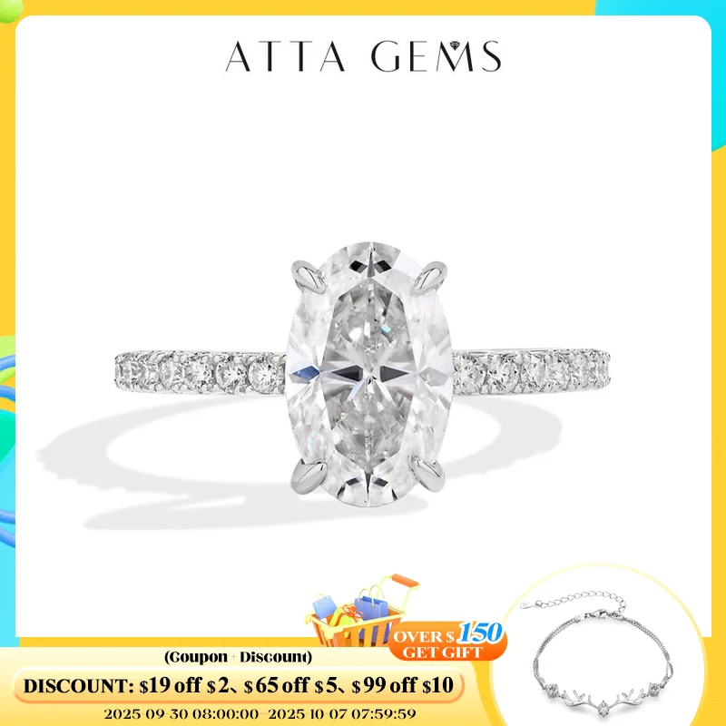 

ATTAGEMS Classic Oval Cut 3.0 CT Moissanite Ring for Women 925 Sterling Silver Gold Plated Engagement Wedding Band Fine Jewelry