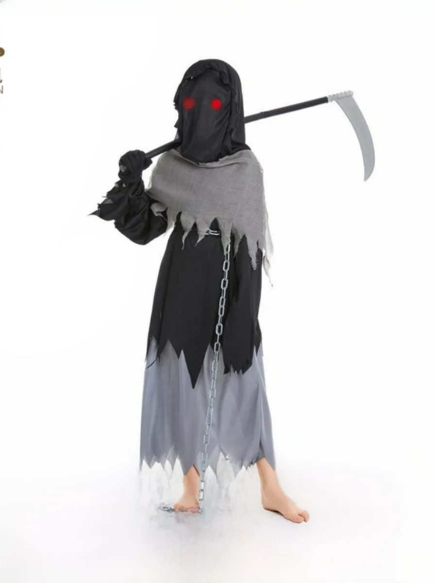 

New loween Costume Children's Mysterious Terror Dr up Cool Red Eye Glow Death God Play Clothes Cotton Traditional Chine...
