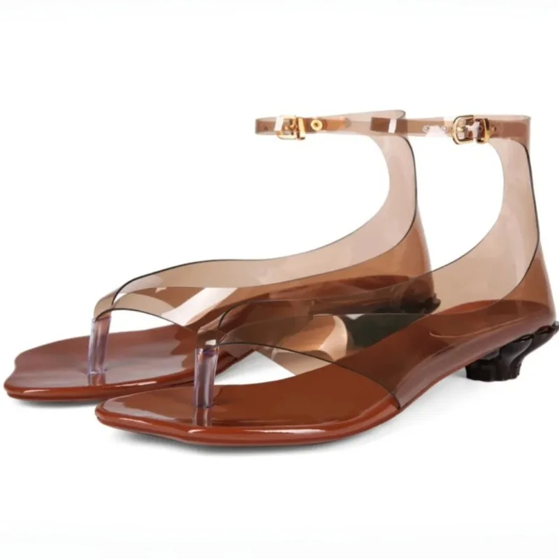 Women's Transparent PVC Sandal  Flower‑Shaped Low Heel Flip‑Flops Square Open Toe Ankle Strap Buckle Casual Shoes Summer