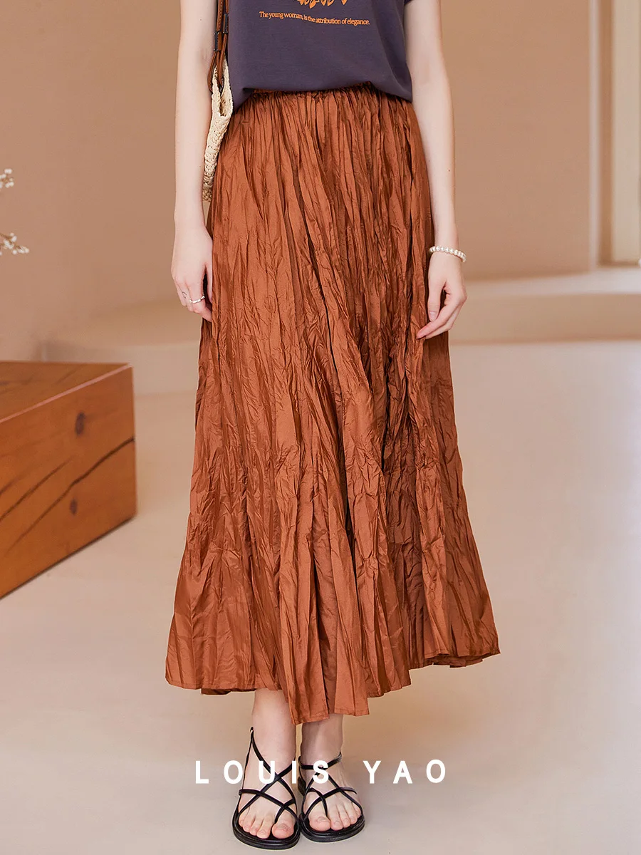 

LOUIS YAO A Line Skirt 2025 Fashionable Wrinkled Fabric Half Cut Skirt Summer Elastic Waist Loose Long Women's Skirt