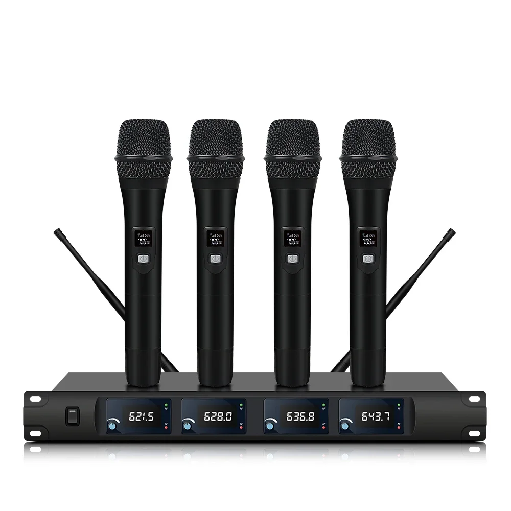 ERZHEN U973 نظام ميكروفون لاسلكي محمول باليد عالي التردد ذو 4 قنوات لخطاب حفلات الكاريوكي