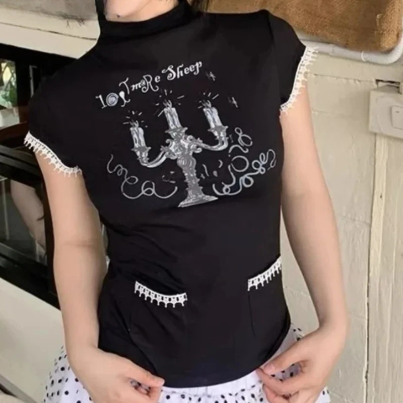 Y2k Subculture Trendy Clubwear Japanese Anime Printed High Neck Short Sleeved Tees Playful Star Pattern Lace Design Unique Tops
