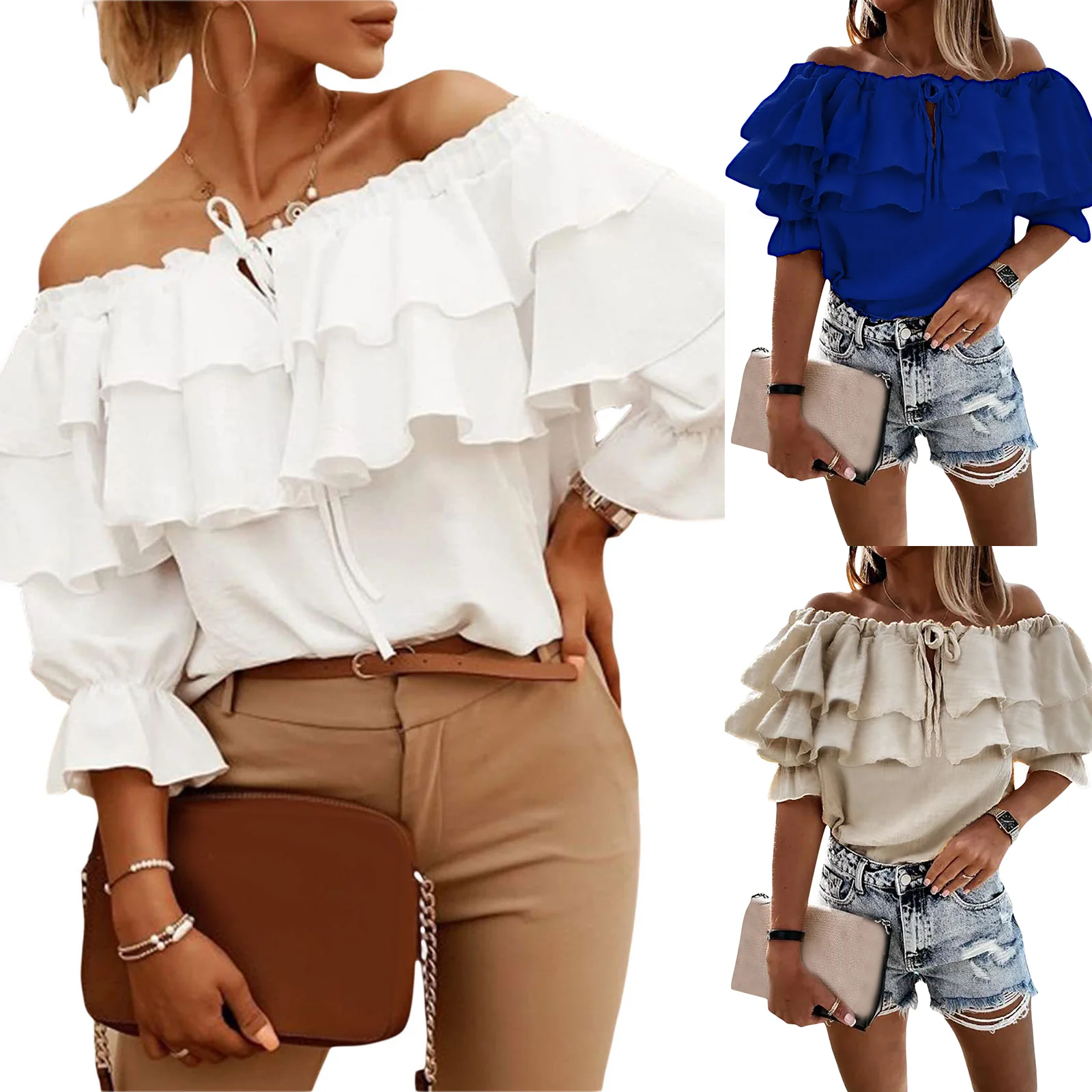 Chiffon Blouse Women\'s Elastic Shoulder Strap Ruffle Shirts Loose Solid Color Boat-Neck Off-Shoulder Half Sleeve Tie-Up Blouse