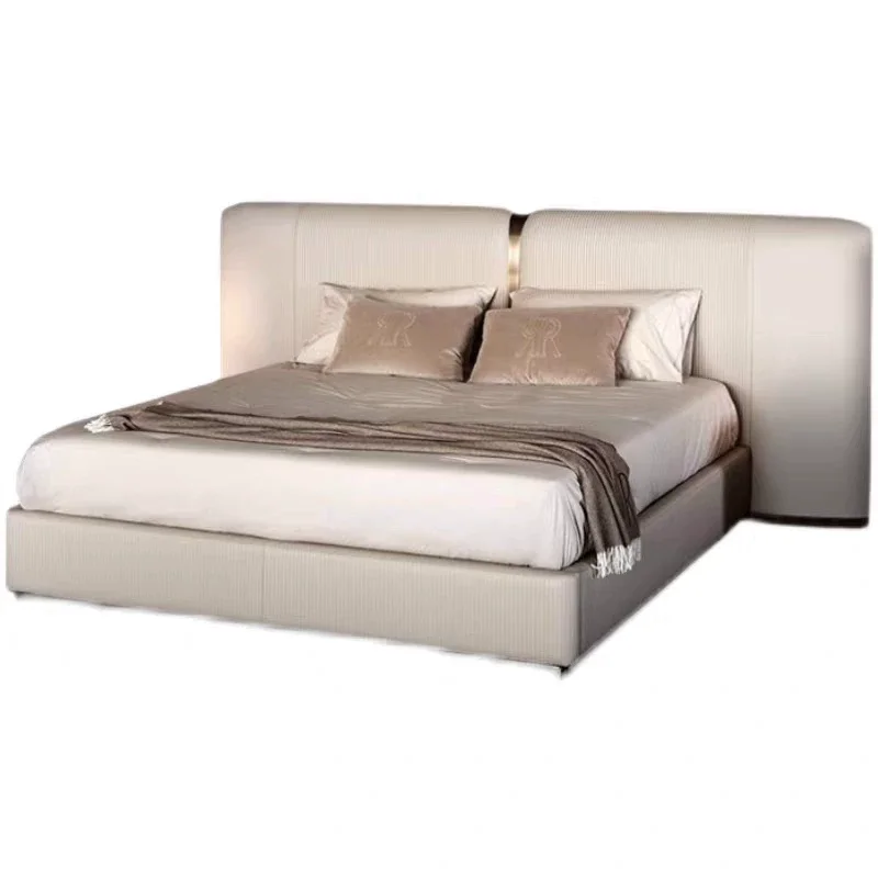 

ua-Soft Upholstered Beds Luxury Modern Nordic Style Wide Headboard Double Bed Hotel Villa Solid Wood Frame Adult Wedding Bed#