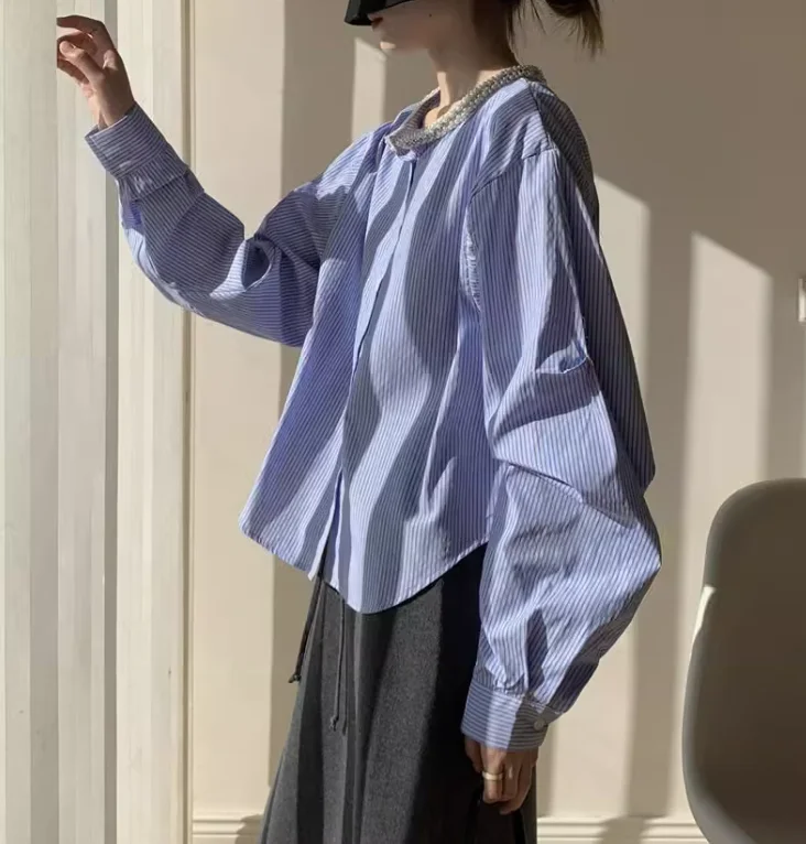 Blue Striped Blouse Ladies 2025 Spring New Round Neck Long-sleeved Stripes Shirt Heavy Industry Beaded Diamond Versatile Top