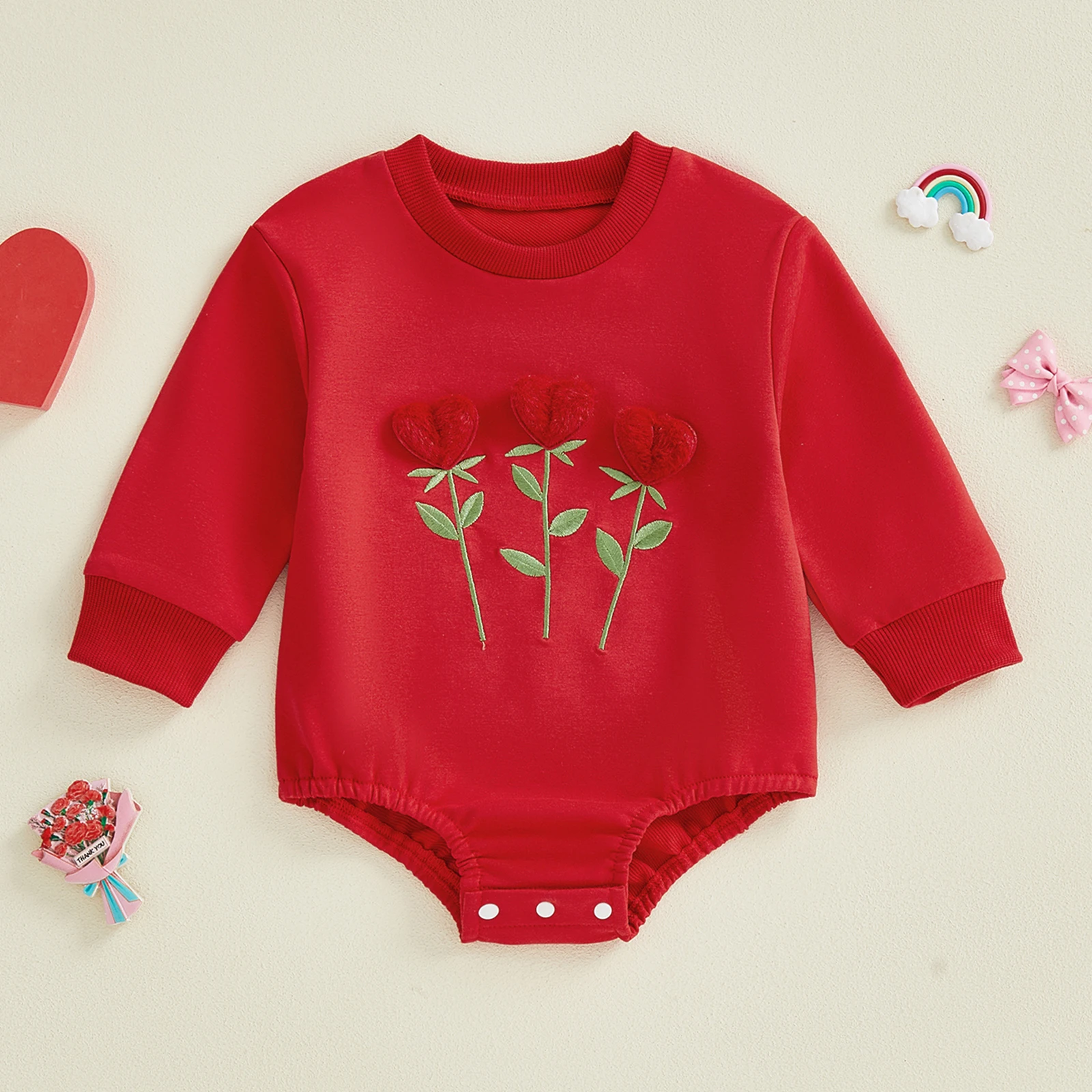 Sweety Baby Girl Valentines Day Romper 3D Red Heart Floral Applique Long Sleeve Round Neck Bodysuit Clothes