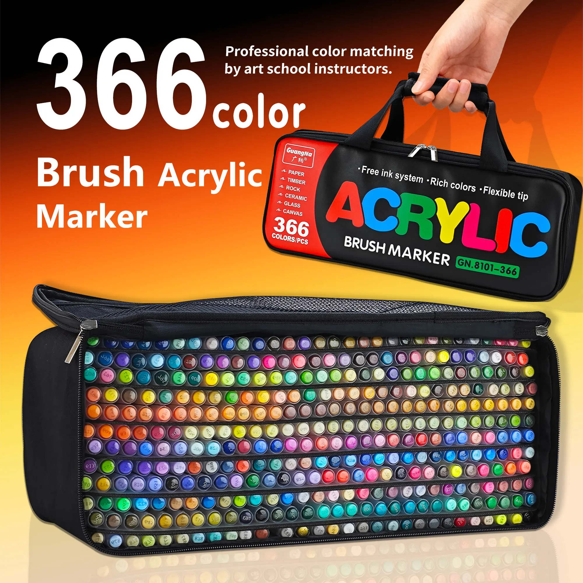 Guangna Brand Classic 366-Color Professional Illustrator Version Acrylic Paint Marker, Direct Liquid Automatic Ink Control Acrylic Paint Marker, a Wide Range of Colors, Felt-Tip (Soft Tip) Design, Elastic Brush Strokes, Can Both Outline Lines and Apply Color over Large Areas, Not Limited to Paper, Also Suitable for Canvas, Stone, Wood, Glass, Ceramics, Fabric, and Other Materials for DIY
