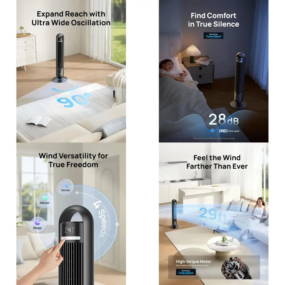 

Осциллирующий башенный вентилятор для спален и гостиных, 4 скорости, 3 режима, ультратихий, воздушный поток 25 футов/с, таймер на 8 часов, дистанционное управление