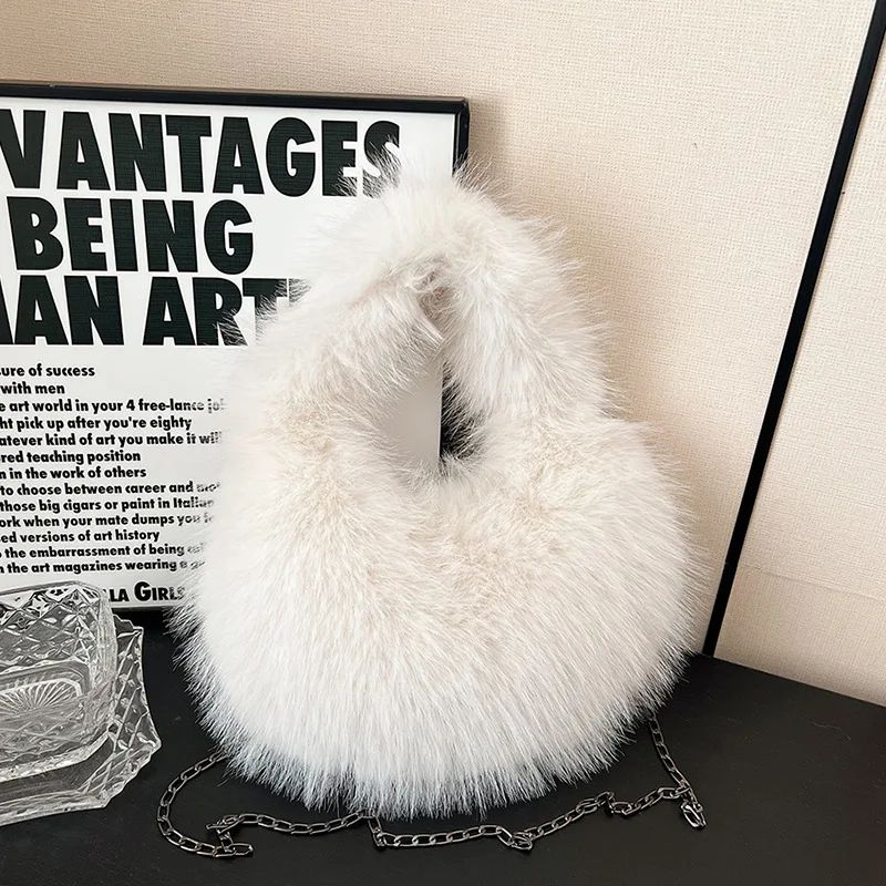 Fluffy Plush Women Handbags Luxury Round Faux Fur Chains Shoulder Crossbody Bags Warm Winter Hobo Female Bag Small Tote Purses