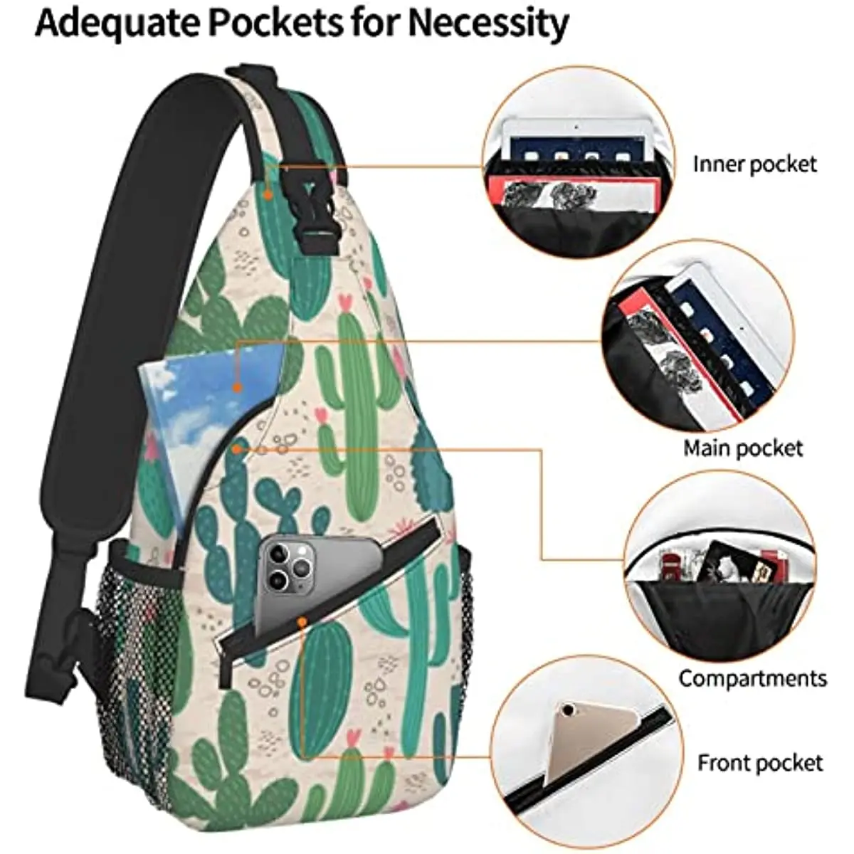 Watercolor Cactus Sling Bag Caminhadas Viagem Mochila Impermeável Ajustável Daypack Crossbody Shoulder Chest Bag para Mulheres Homens