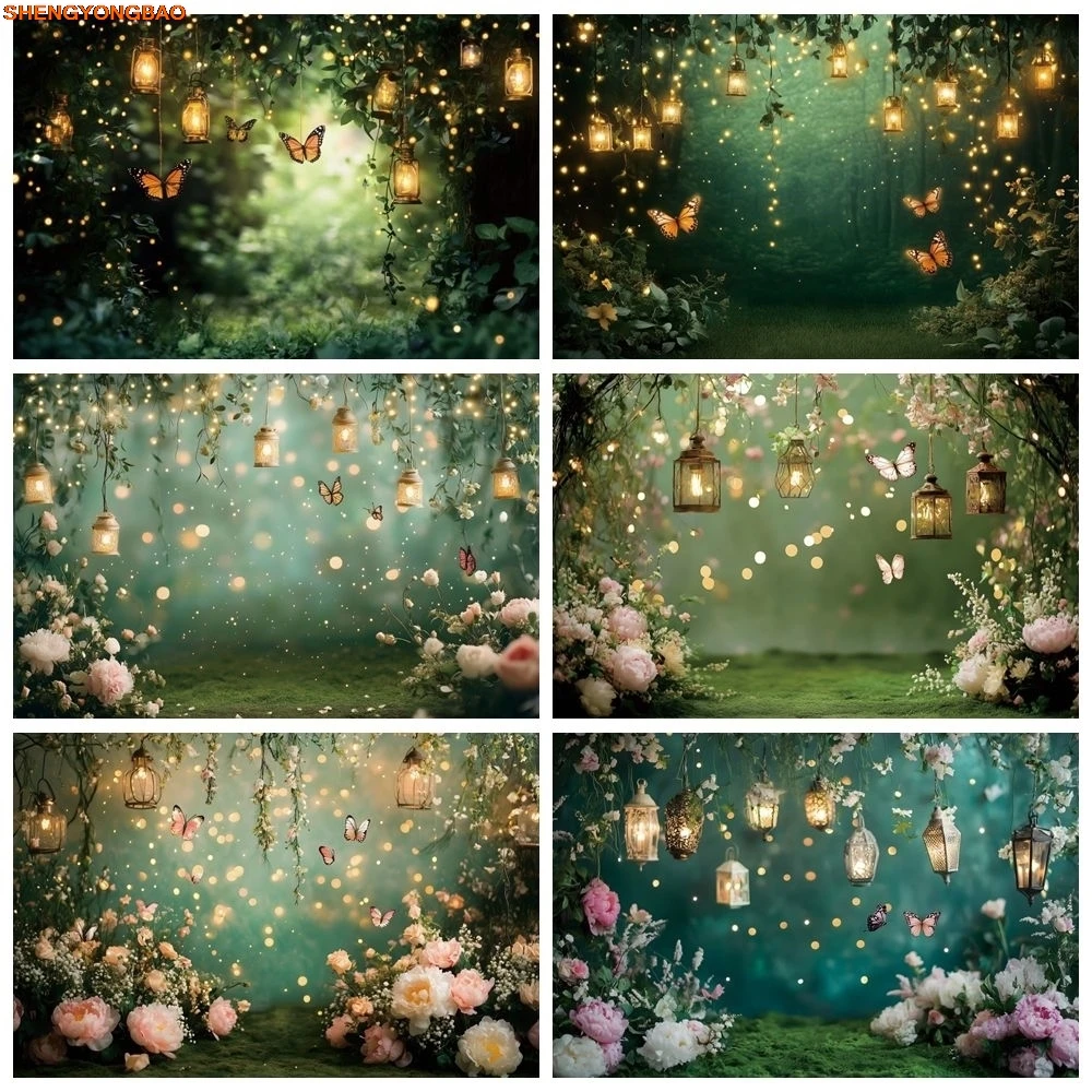 

Fantastic Forest Backdrop Butterfly Lantern Light Baby Kids Birthday Party Decor Dreamy Wedding Portrait Photography Background
