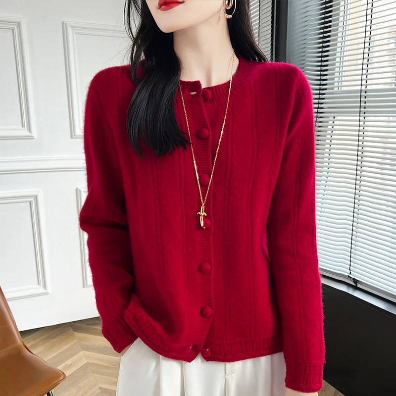 Spring Autumn New Women\'s Clothing 100% Pure Wool Round Neck Knitted Cardigan Fashion Loose Tops Korean Coat Shirt Long Sleeve