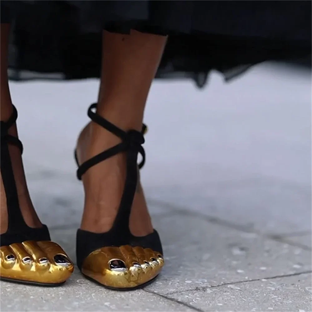 2025 Fashion Gold Five Finger High Heel Pumps Summer Versatile Stiletto Heel Buckle Sandals Women Roman Dress Comfort Shoes