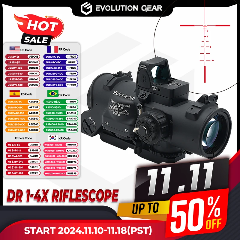 Tactical RifleScope DR 1-4x Fixed Dual Field of View Red Illumination Scope Sight with Full Markings for Airsoft and Hunting