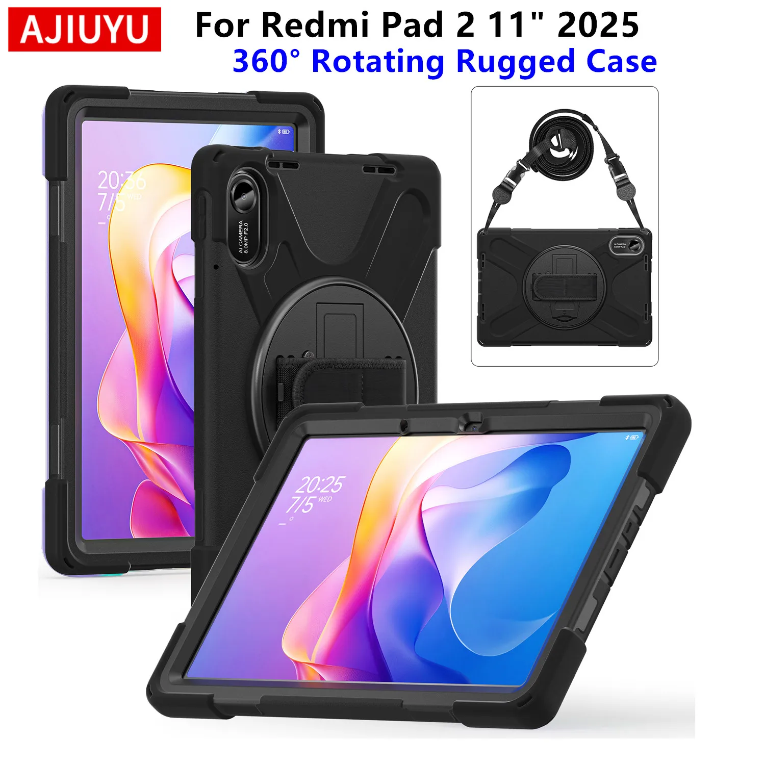 AJIUYU 360° Rotating Rugged Case for Xiaomi Redmi Pad 2 11 inch 2025 Shockproof Cover for Redmi Pad 2 Pad2 11