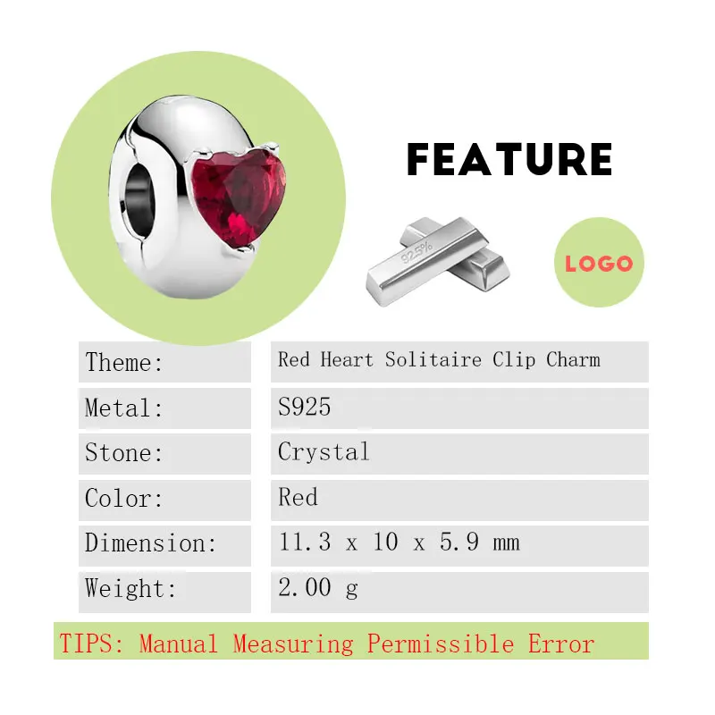 Heart Red Solitaire Crystal LOGO Clip Charm Beads For Women 925 Sterling Silver Jewelry Making DIY Bracelet Valentine's Day Gift