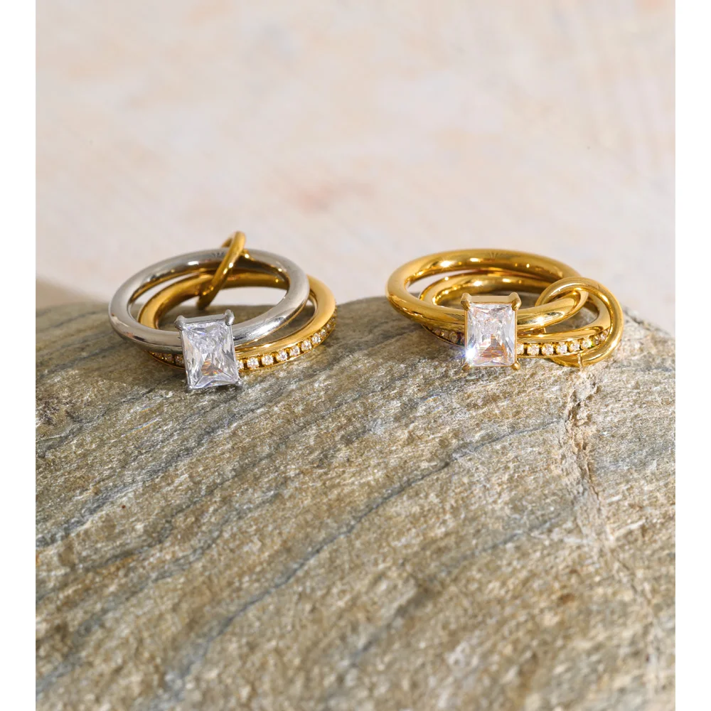 Yhpup Size 678 Stainless Steel Double-Layer Zircon Square Ring for Women Arrivals Delicate Stackable Finger Jewelry