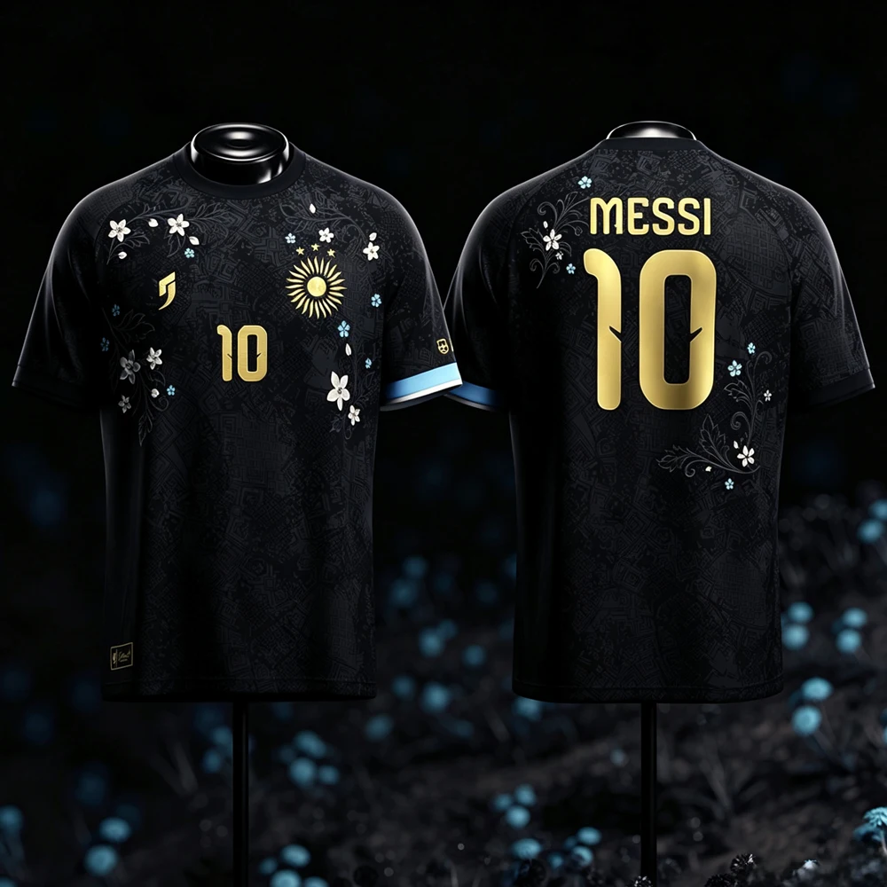 Men's Messi La Pulga Floral Soccer Jersey 3D Print Quick Dry Breathable Argentine Fans Short Sleeve Casual Football T-Shirt 5XL