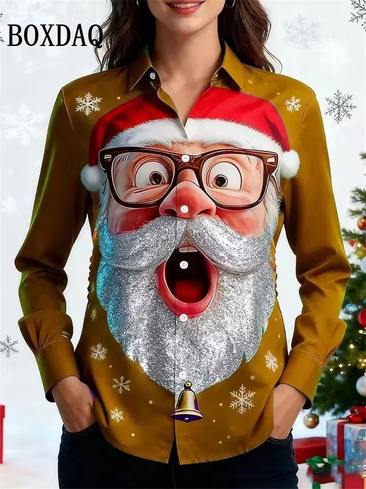 เสื้อผู้หญิงลายการ์ตูนซานตาคลอสสุดน่ารัก สไตล์หรูหรา แฟชั่นแขนยาว เสื้อเบลาส์ลำลองสำหรับฤดูใบไม้ร่วงและฤดูหนาว เหมาะสำหรับใส่ในชีวิตประจำวันและวันหยุด